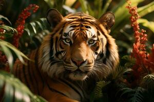 ett bild av en tiger i de djungel generativ ai foto