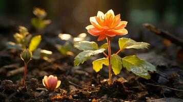 ett orange blomma är växande ut av de jord generativ ai foto