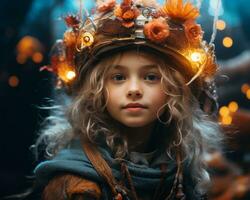 porträtt av en ung flicka med blommor i henne hår generativ ai foto