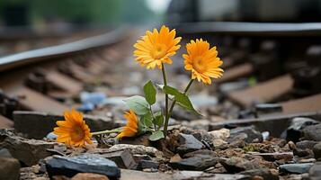 tre orange blommor växande ut av de jord på en tåg Spår generativ ai foto