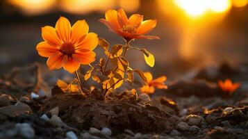 två orange blommor är växande ut av de jord generativ ai foto