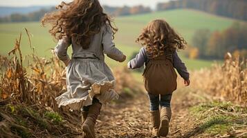två liten flickor gående ner en smuts väg generativ ai foto