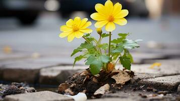 två gul blommor växande ut av en spricka i de trottoar generativ ai foto