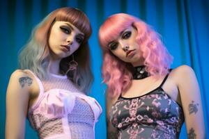 två kvinnor med rosa hår och piercingar stående Nästa till varje Övrig generativ ai foto