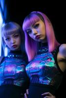 två ung kvinnor med rosa hår Framställ i främre av en fönster generativ ai foto