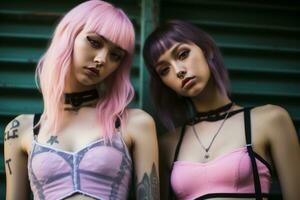 två ung kvinnor med rosa hår och piercingar generativ ai foto
