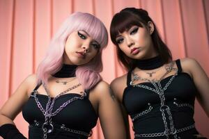 två ung kvinnor med rosa hår Framställ för de kamera foto