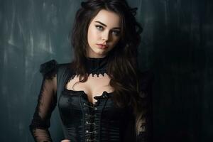 skön ung kvinna i svart gotik klänning generativ ai foto