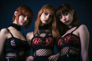 tre ung kvinnor i svart och röd underkläder Framställ för de kamera generativ ai foto