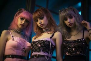 tre ung kvinnor med rosa hår stående Nästa till varje Övrig generativ ai foto