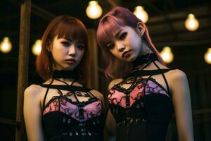 två asiatisk kvinnor klädd i svart och rosa underkläder stående Nästa till varje Övrig generativ ai foto