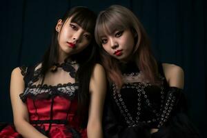 två asiatisk kvinnor klädd i gotik Kläder Framställ för de kamera generativ ai foto