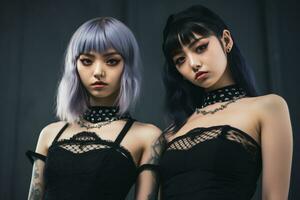 två asiatisk kvinnor i svart klänningar Framställ för de kamera generativ ai foto
