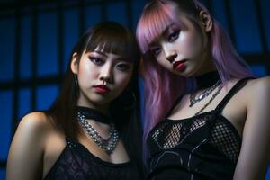 två asiatisk kvinnor med rosa hår Framställ för de kamera foto