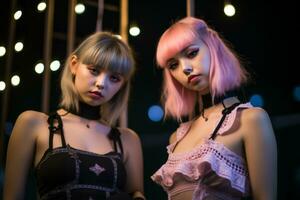 två asiatisk kvinnor med rosa hår stående Nästa till varje Övrig generativ ai foto