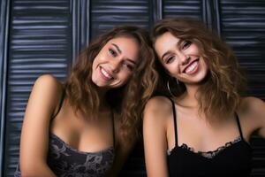 två skön ung kvinnor Framställ för de kamera generativ ai foto