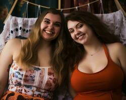 två kvinnor är leende medan Sammanträde på en säng generativ ai foto