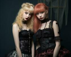 två kvinnor klädd i gotik Kläder Framställ för de kamera foto