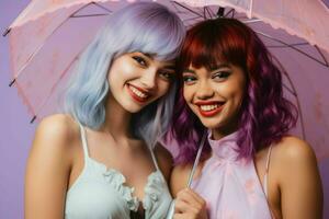 två kvinnor med färgrik hår Framställ under ett paraply generativ ai foto