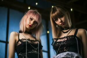 två ung kvinnor klädd i gotik Kläder stående Nästa till varje Övrig generativ ai foto