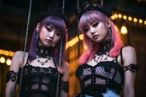 två ung kvinnor klädd i gotik Kläder foto