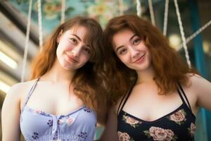 två ung kvinnor i bikini Framställ för de kamera generativ ai foto