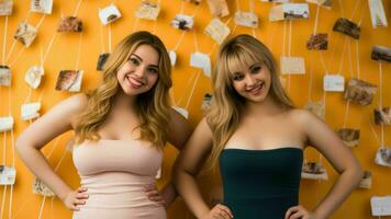 två ung kvinnor Framställ för de kamera i främre av ett orange vägg generativ ai foto