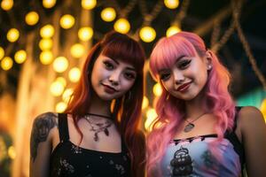 två ung kvinnor med rosa hår Framställ för de kamera foto