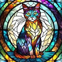 färgade glas fönster med katter färgrik illustration ai genererad foto