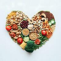 internationell vegan dag firande med hjärta form vegan måltider ai generativ foto