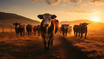 nötkreatur betning på en odla, natur skönhet på solnedgång genererad förbi ai foto