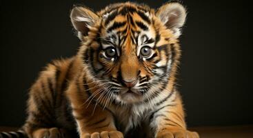 stänga upp porträtt av en söt bengal tiger, stirrande våldsamt genererad förbi ai foto