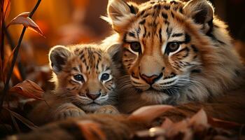 stänga upp porträtt av en söt bengal tiger Valp stirrande genererad förbi ai foto