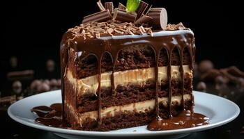 en skiva av hemlagad choklad kaka på en tallrik genererad förbi ai foto