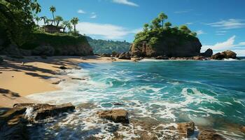 idyllisk tropisk kustlinje vågor krascha på klippig klippor, sand och vatten genererad förbi ai foto