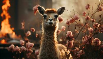 söt alpacka ser på kamera i de gräs- äng genererad förbi ai foto