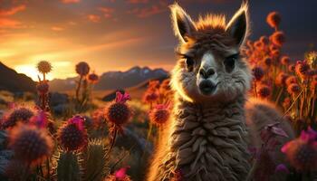 en söt alpacka betar i de äng på solnedgång genererad förbi ai foto