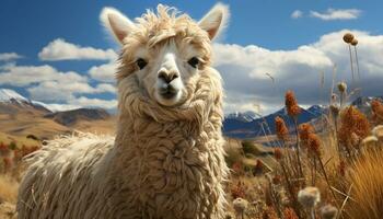 en söt alpacka betar på en berg äng, fluffig och förtjusande genererad förbi ai foto