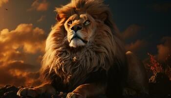 majestätisk lejon, kung av de savann, strövar omkring afrika gräs- slätter genererad förbi ai foto