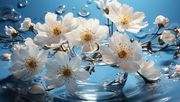 friskhet av springtime reflekterad i en enda våt daisy kronblad genererad förbi ai foto