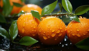 friskhet av citrus- frukt, våt med dagg, ger sommar förfriskning genererad förbi ai foto