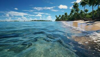 tropisk kustlinje, blå vattnen, handflatan träd sommar paradis genererad förbi ai foto