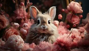 söt fluffig kanin Sammanträde i gräs, ser på kamera genererad förbi ai foto