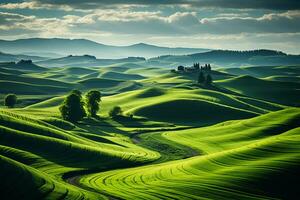 en fält med grön gräs och rullande kullar. ai generativ foto