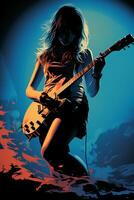 silhuett av en 18 år gammal flicka, kvinna sten sångare, spela en elektrisk gitarr och sjunga, främre, årgång mode, modern affischer. ai generativ foto