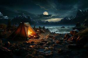 läger webbplats en natt med en tält och en lägereld och en mystisk varelse dölja och spionera på de läger. ai generativ foto