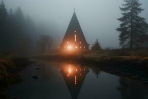 professionell landskap fotografi i de mystisk dimma landskap med en kyrka. ai generativ foto