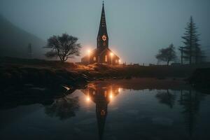 professionell landskap fotografi i de mystisk dimma landskap med en kyrka. ai generativ foto