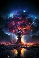 en träd i främre av en starry himmel med lila data strömmar stigande. ai generativ foto