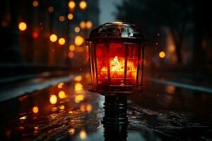varning lampa i de gata på natt. röd varna lampa eller varning indikator. ai generativ foto